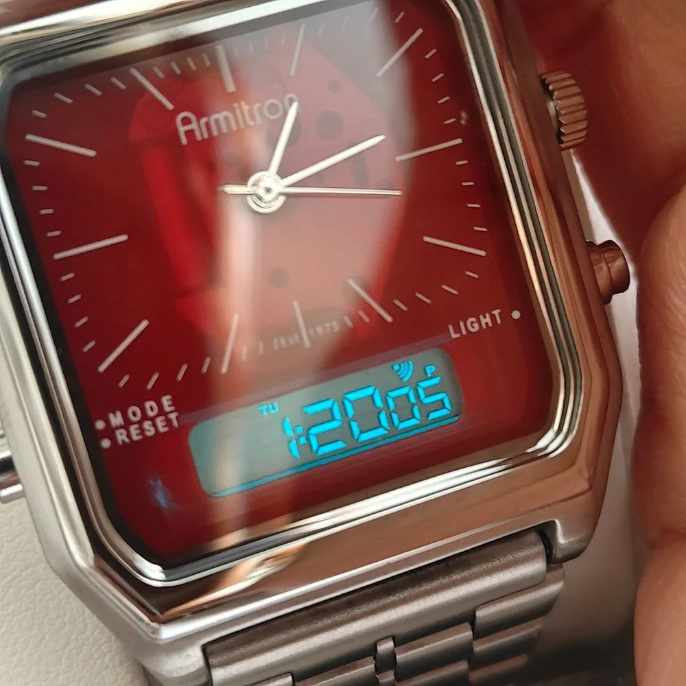 Armitron Silver Red Analog Digital Mens Retro Wrist Watch Square Stainless Steel